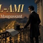 Georges Duroy contemplant Paris depuis un balcon haussmannien au crépuscule, illustration du roman Bel-Ami de Maupassant