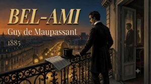 Georges Duroy contemplant Paris depuis un balcon haussmannien au crépuscule, illustration du roman Bel-Ami de Maupassant