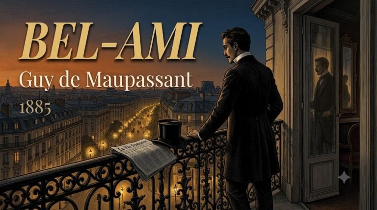 Georges Duroy contemplant Paris depuis un balcon haussmannien au crépuscule, illustration du roman Bel-Ami de Maupassant