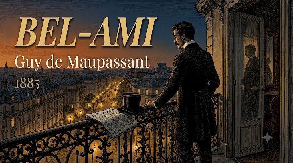 Georges Duroy contemplant Paris depuis un balcon haussmannien au crépuscule, illustration du roman Bel-Ami de Maupassant