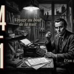 Portrait illustré de Louis-Ferdinand Céline à son bureau parisien, style gravure noir et rouge sombre, ambiance nuit et misère urbaine