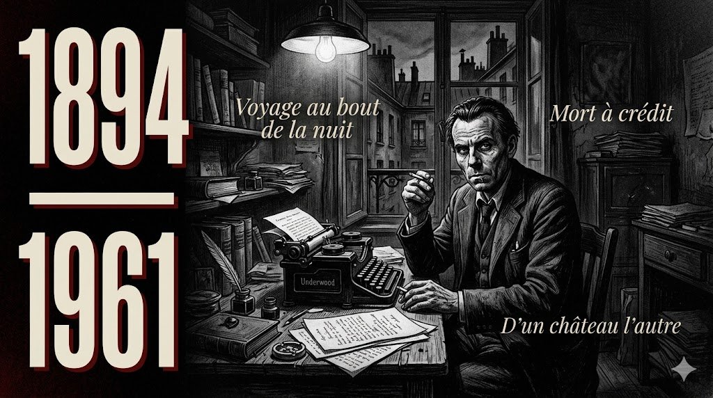 Portrait illustré de Louis-Ferdinand Céline à son bureau parisien, style gravure noir et rouge sombre, ambiance nuit et misère urbaine