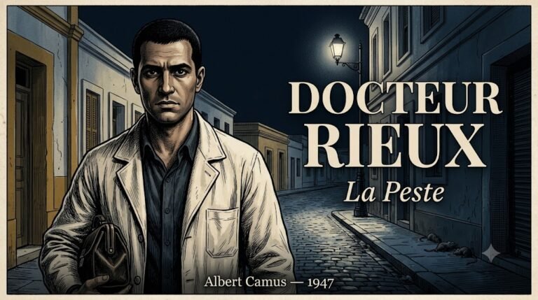 Portrait illustré du docteur Rieux, médecin face à la peste dans Oran, personnage central de La Peste de Camus