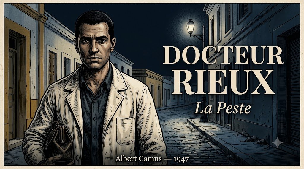 Portrait illustré du docteur Rieux, médecin face à la peste dans Oran, personnage central de La Peste de Camus