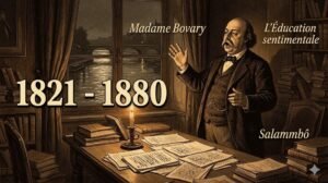 Portrait illustré de Gustave Flaubert dans son cabinet de Croisset, déclamant ses phrases dans le gueuloir, entouré de manuscrits raturés, lumière de chandelle