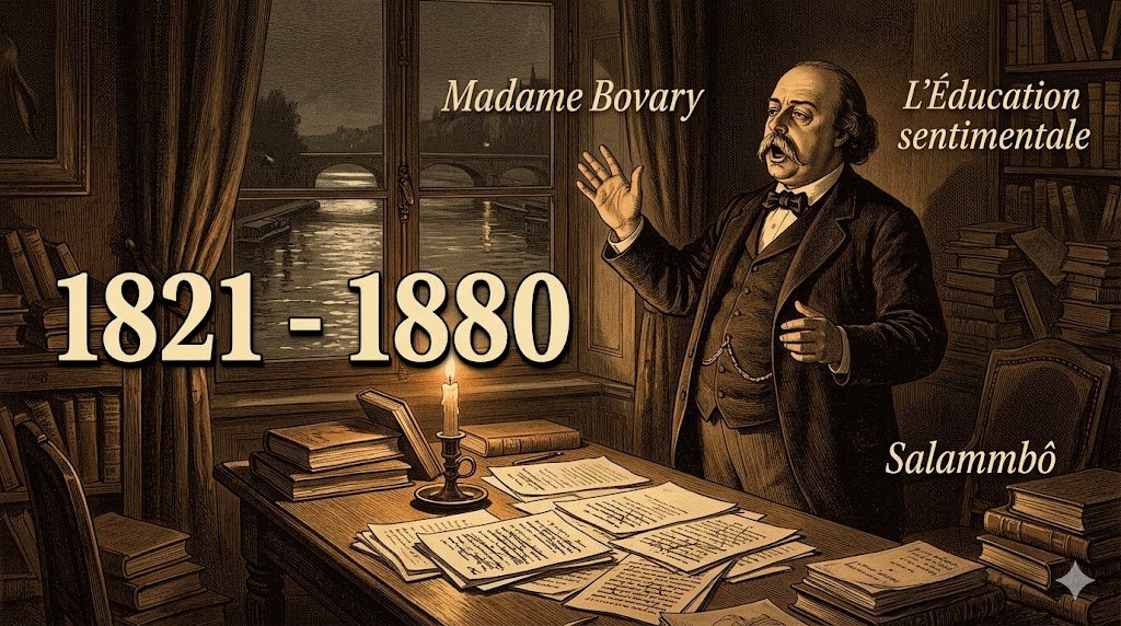 Portrait illustré de Gustave Flaubert dans son cabinet de Croisset, déclamant ses phrases dans le gueuloir, entouré de manuscrits raturés, lumière de chandelle