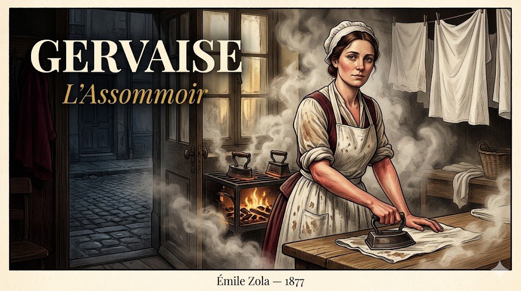 Illustration de Gervaise Macquart, blanchisseuse, protagoniste de L'Assommoir d'Émile Zola, dans sa boutique de la Goutte-d'Or