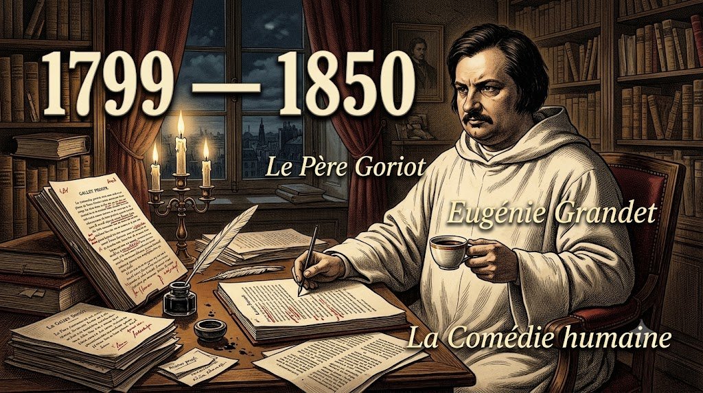 Illustration de Balzac en robe de moine écrivant la nuit à la bougie, entouré de manuscrits et d'épreuves raturées, Paris XIXe siècle