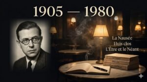 Portrait de Jean-Paul Sartre (1905-1980), philosophe existentialiste français, auteur de La Nausée, Huis clos et L'Être et le Néant — atmosphère de café parisien nocturne