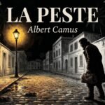 Illustration de La Peste d'Albert Camus : le Dr Rieux seul dans les rues désertes d'Oran sous la nuit de l'épidémie