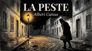 Illustration de La Peste d'Albert Camus : le Dr Rieux seul dans les rues désertes d'Oran sous la nuit de l'épidémie