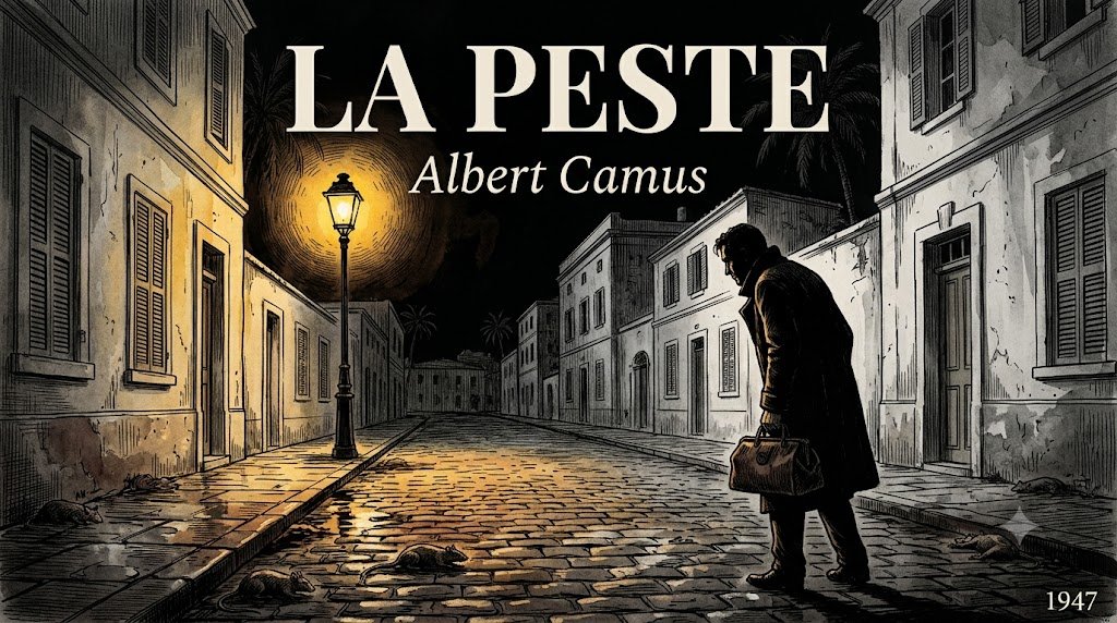 Illustration de La Peste d'Albert Camus : le Dr Rieux seul dans les rues désertes d'Oran sous la nuit de l'épidémie