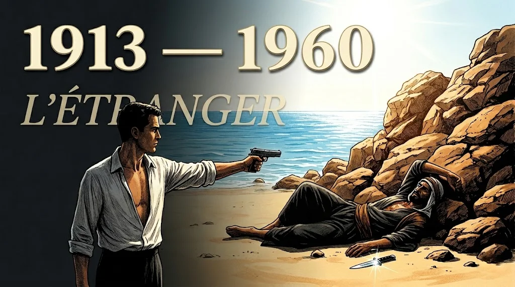 Meursault sur la plage d'Alger face à l'Arabe sous un soleil aveuglant — illustration du roman L'Étranger d'Albert Camus (1942)
