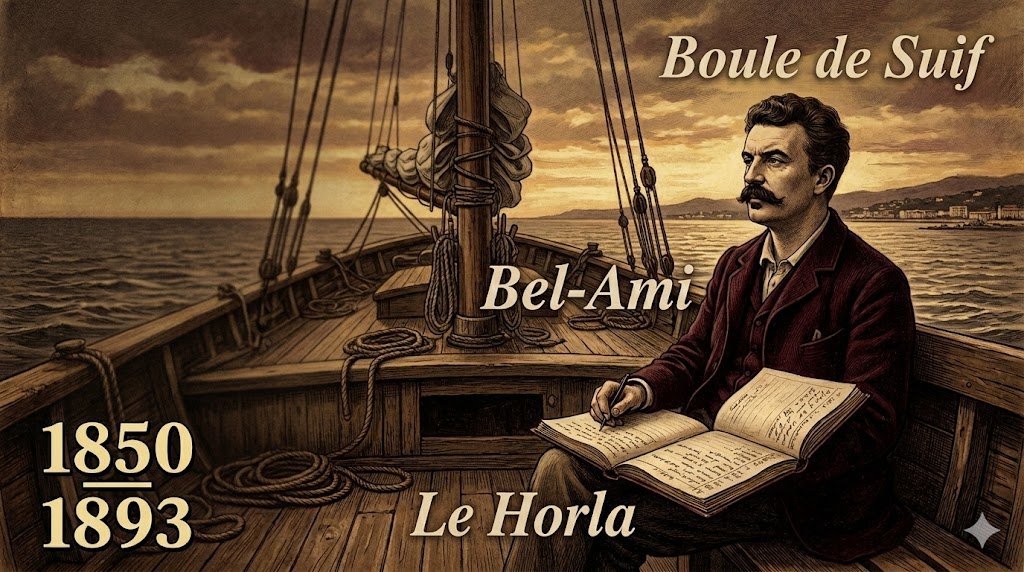 Guy de Maupassant assis sur son yacht, portrait gravure sépia, écrivain réaliste français 1850-1893