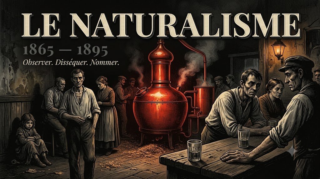 Scène du XIXe siècle illustrant le naturalisme français : ouvriers et misère sociale dans un intérieur industriel sombre