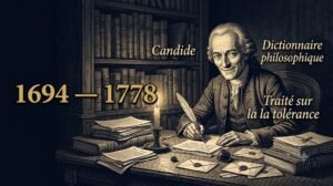 Portrait de Voltaire à son bureau du château de Ferney, plume à la main, entouré de manuscrits, illustration gravure XVIIIe siècle