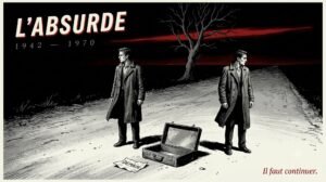 Deux silhouettes immobiles sur une route déserte la nuit, illustrant l'attente absurde du courant littéraire de l'Absurde, XXe siècle