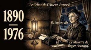 Portrait illustré d'Agatha Christie dans un wagon de train Art Déco, machine à écrire, lumière chaude, années 1930