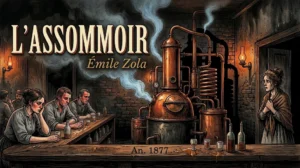 Illustration de L'Assommoir d'Émile Zola : Gervaise face à l'alambic du père Colombe dans le cabaret de la Goutte-d'Or