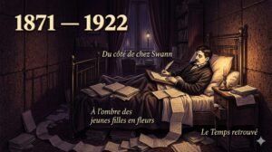 Marcel Proust dans sa chambre de liège, à la bougie, entouré de ses manuscrits — illustration Belle Époque, tons sépia et bordeaux