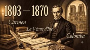 Prosper Mérimée dans son bureau entouré de plans architecturaux, illustration style gravure XIXe siècle, tons sépia