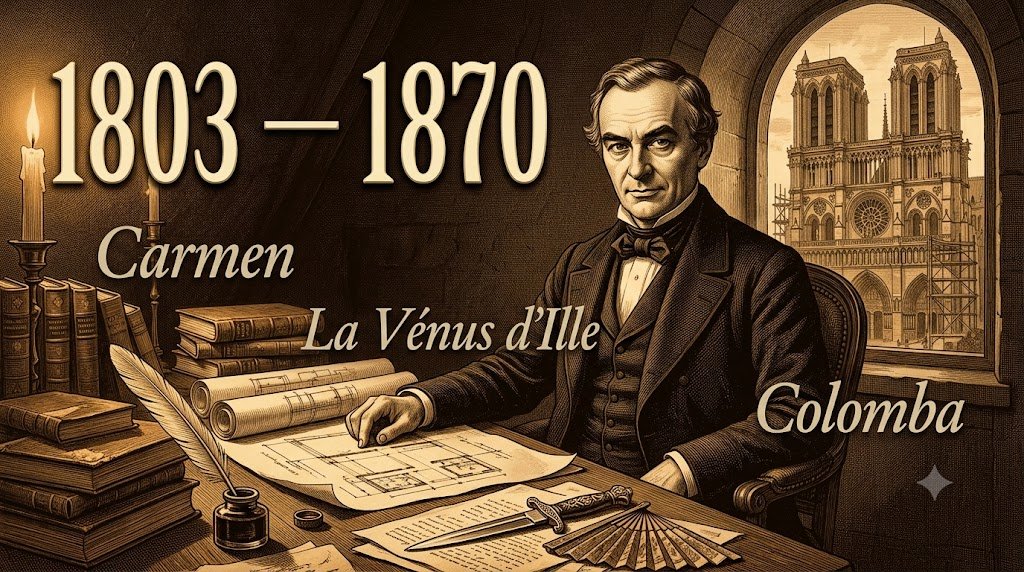 Prosper Mérimée dans son bureau entouré de plans architecturaux, illustration style gravure XIXe siècle, tons sépia