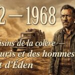 Portrait illustré de John Steinbeck dans un champ de la vallée de Salinas balayé par la poussière du Dust Bowl