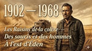 Portrait illustré de John Steinbeck dans un champ de la vallée de Salinas balayé par la poussière du Dust Bowl
