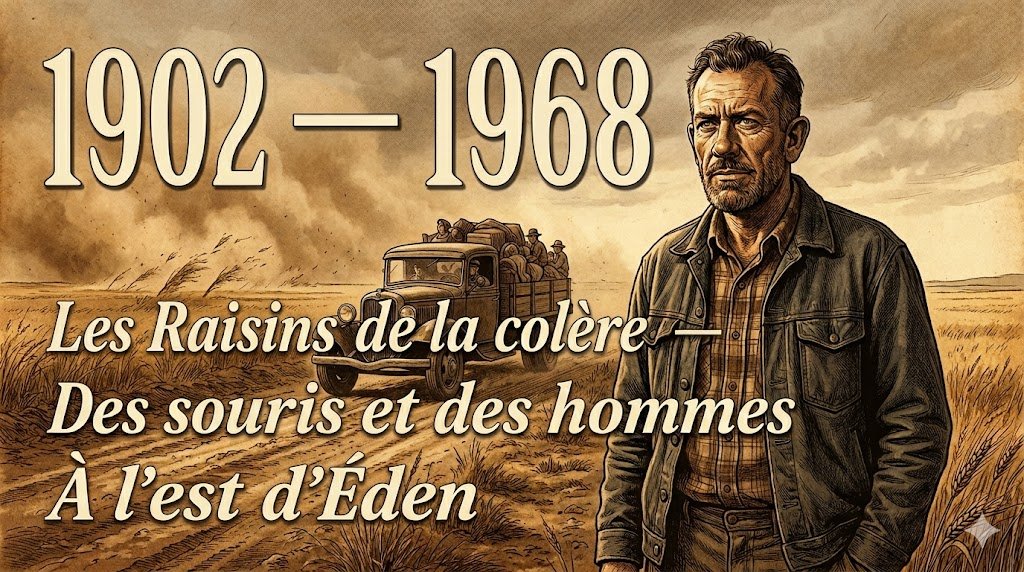 Portrait illustré de John Steinbeck dans un champ de la vallée de Salinas balayé par la poussière du Dust Bowl