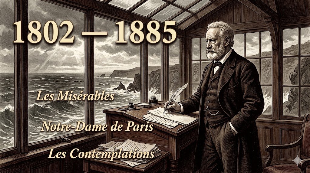 Victor Hugo debout face à la mer à Guernesey, plume à la main, illustration gravure sépia romantisme XIXe siècle
