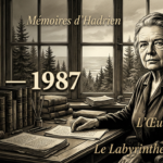Portrait illustré de Marguerite Yourcenar dans son bureau de Petite Plaisance, Maine, entourée de livres anciens et de manuscrits