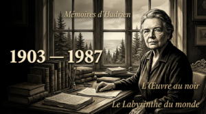 Portrait illustré de Marguerite Yourcenar dans son bureau de Petite Plaisance, Maine, entourée de livres anciens et de manuscrits