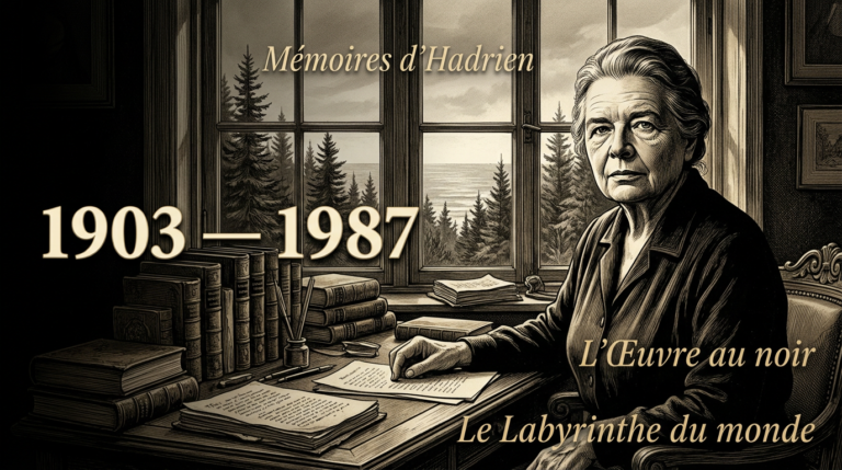 Portrait illustré de Marguerite Yourcenar dans son bureau de Petite Plaisance, Maine, entourée de livres anciens et de manuscrits