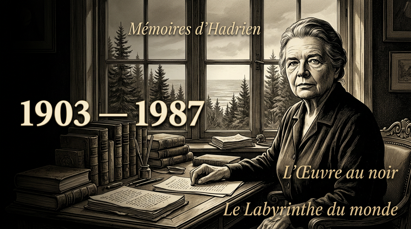 Portrait illustré de Marguerite Yourcenar dans son bureau de Petite Plaisance, Maine, entourée de livres anciens et de manuscrits