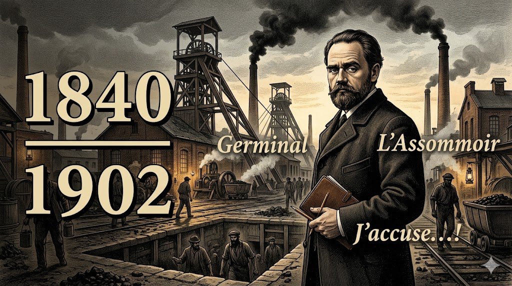 Portrait illustré d'Émile Zola au bord d'une mine du Nord, style gravure XIXe siècle, tons sépia et noir