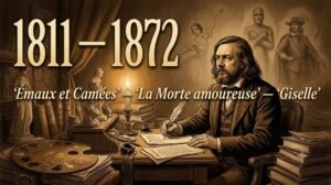 Portrait illustré de Théophile Gautier dans son cabinet de travail parisien, entouré de manuscrits et de silhouettes fantastiques, style gravure XIXe