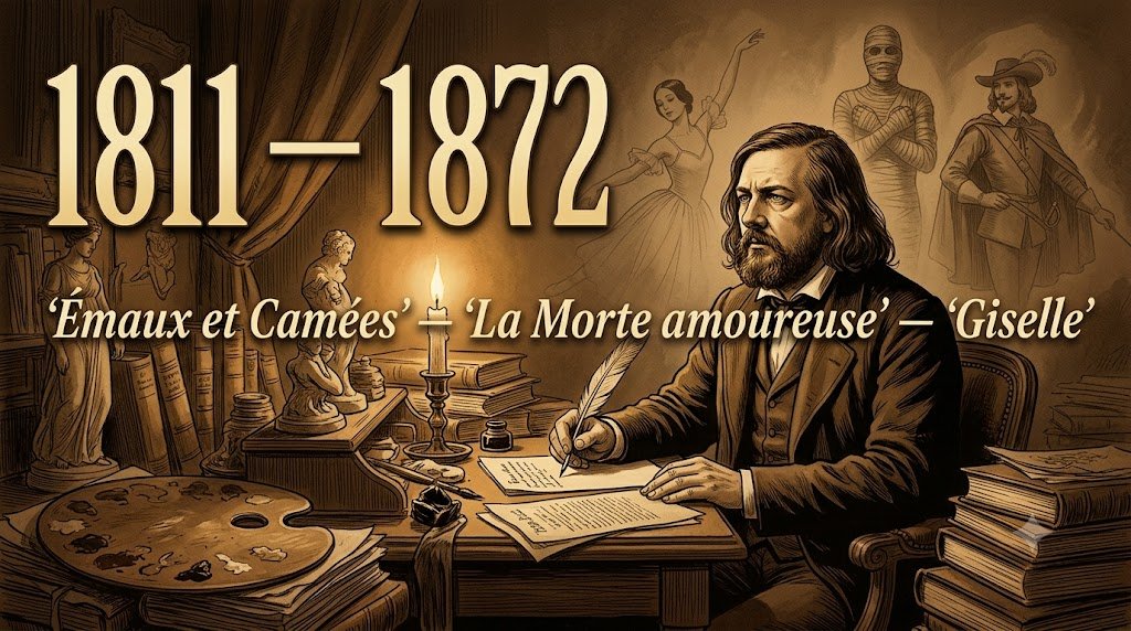 Portrait illustré de Théophile Gautier dans son cabinet de travail parisien, entouré de manuscrits et de silhouettes fantastiques, style gravure XIXe