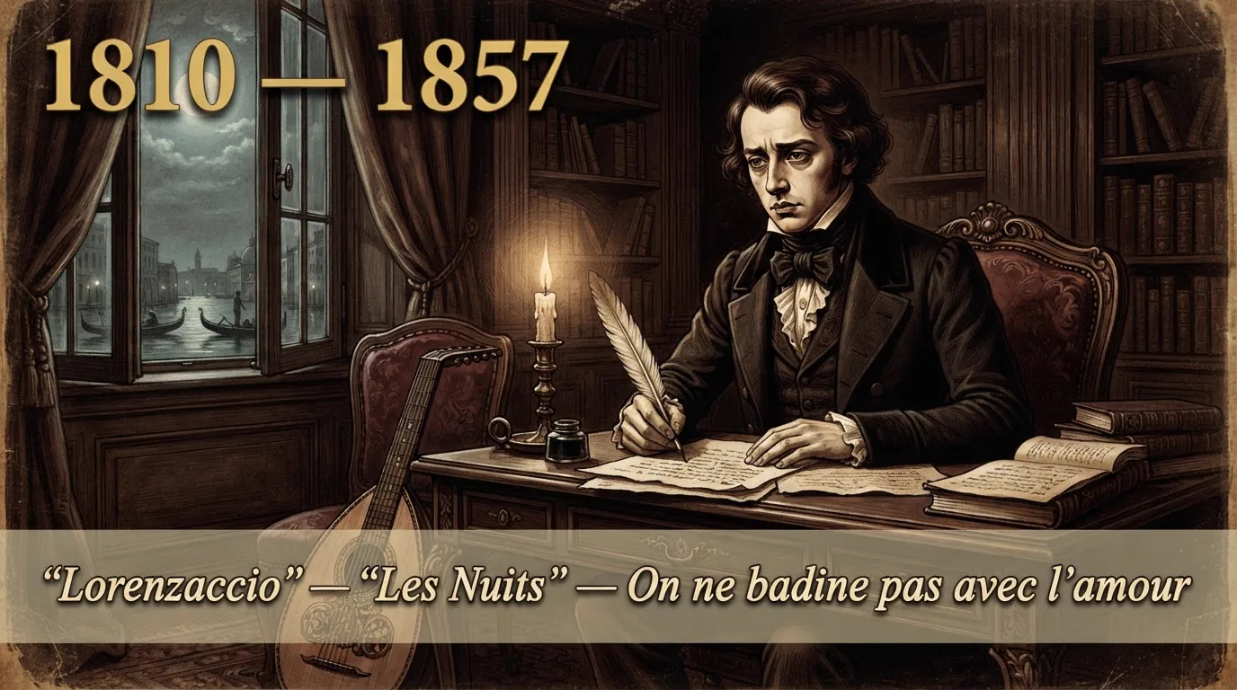 Portrait illustré d'Alfred de Musset, dandy romantique du XIXe siècle, plume et luth dans un salon parisien
