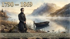 Portrait illustré d'Alphonse de Lamartine, poète romantique au bord du lac du Bourget