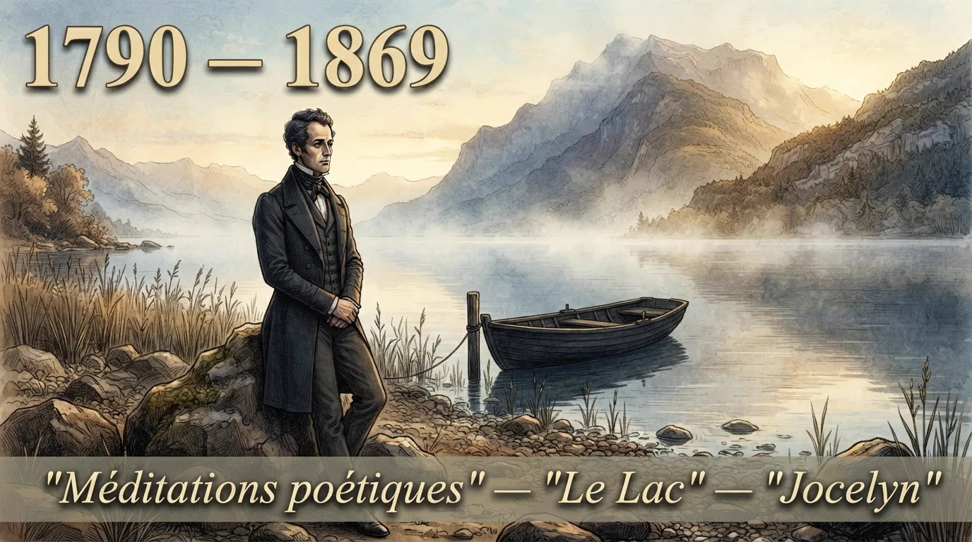 Portrait illustré d'Alphonse de Lamartine, poète romantique au bord du lac du Bourget