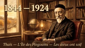 Portrait illustré d'Anatole France dans sa bibliothèque parisienne, ses dates 1844-1924 et ses œuvres majeures