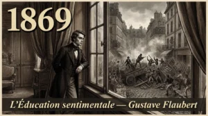 Frédéric Moreau observant une barricade parisienne de 1848, illustration de L'Éducation sentimentale de Flaubert