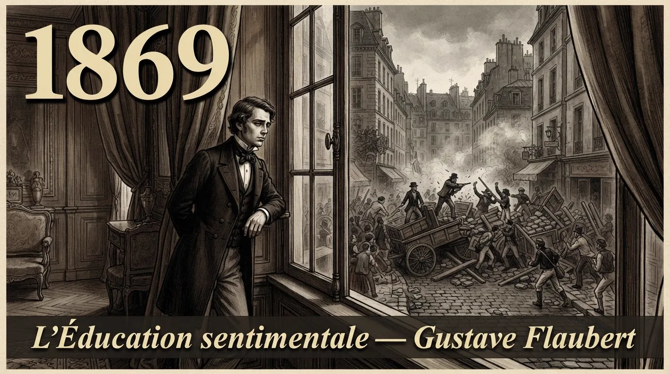 Frédéric Moreau observant une barricade parisienne de 1848, illustration de L'Éducation sentimentale de Flaubert