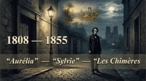 Portrait illustré de Gérard de Nerval, poète romantique halluciné, errant de nuit dans un Paris onirique