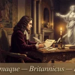 Portrait illustré de Jean Racine écrivant à son bureau, vision fantomatique de Phèdre en arrière-plan