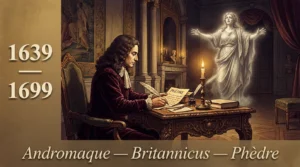 Portrait illustré de Jean Racine écrivant à son bureau, vision fantomatique de Phèdre en arrière-plan