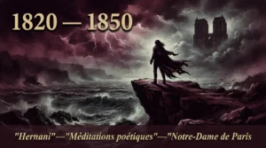 Poète romantique solitaire face à une mer déchaînée, silhouette de Notre-Dame de Paris, illustration du Romantisme français