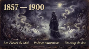Figure voilée et cygnes dans un jardin nocturne brumeux, illustration du mouvement littéraire du Symbolisme