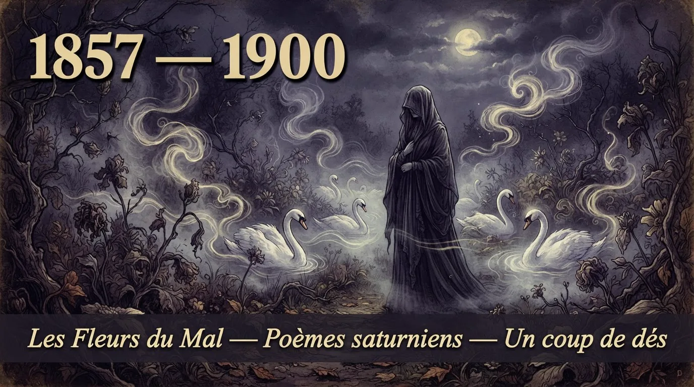Figure voilée et cygnes dans un jardin nocturne brumeux, illustration du mouvement littéraire du Symbolisme