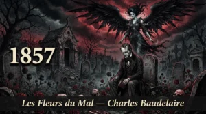 Poete mélancolique et ange déchu dans un cimetière parisien, illustration des Fleurs du Mal de Baudelaire